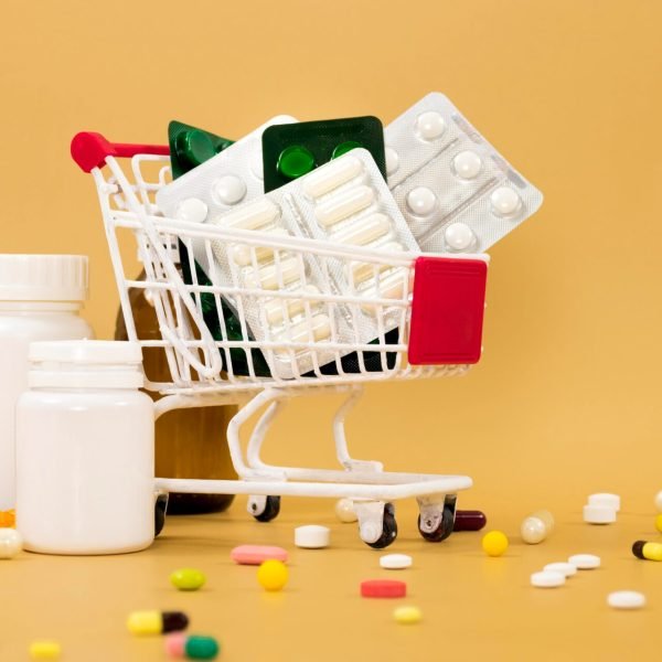 front-view-shopping-cart-with-pill-foils-containers